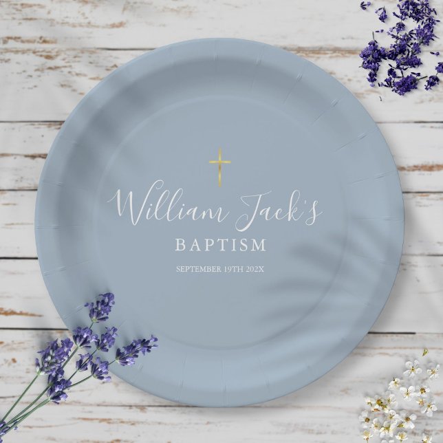 Gold Cross Baptism Christening Dusty Blue Paper Plate (Creator Uploaded)
