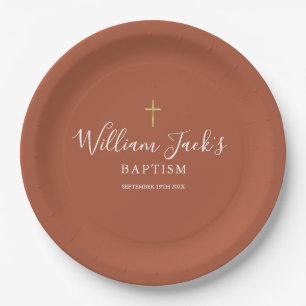 Gold Cross Baptism Christening Terracotta Paper Plate
