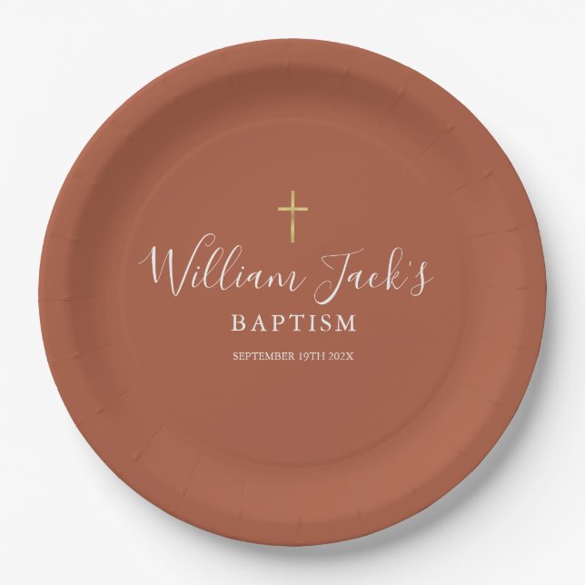 Gold Cross Baptism Christening Terracotta Paper Plate (Front)