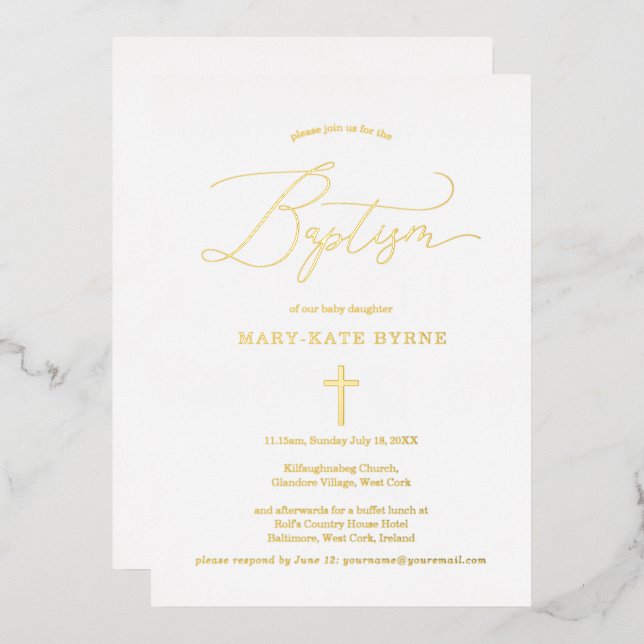 Gold Cross Baptism Elegant Announcement & (Front/Back)