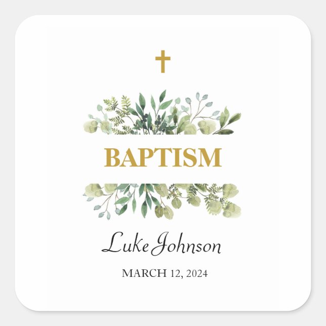 Gold Cross Baptism Square Sticker (Front)