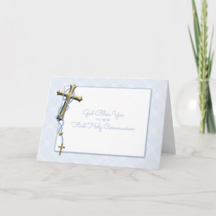 Gold Cross, Blue Rosary Beads, Communion Blessing Card