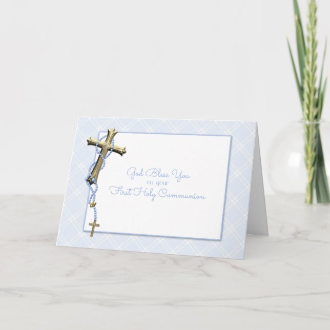 Gold Cross, Blue Rosary Beads, Communion Blessing Card (Front)