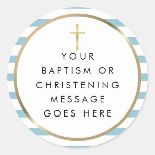 Gold Cross Blue Stripe Baptism Christening Message Classic Round Sticker