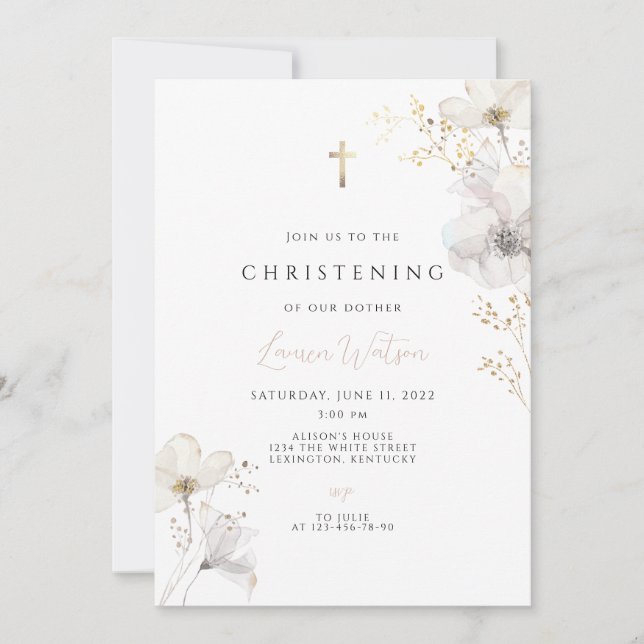Gold cross boho christening  invitation (Front)