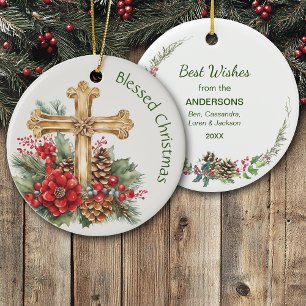 Gold Cross Bouquet Blessed Christmas Ceramic Tree Decoration