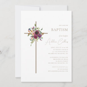 Gold Cross Burgundy Floral Minimalist Baptism Invitation