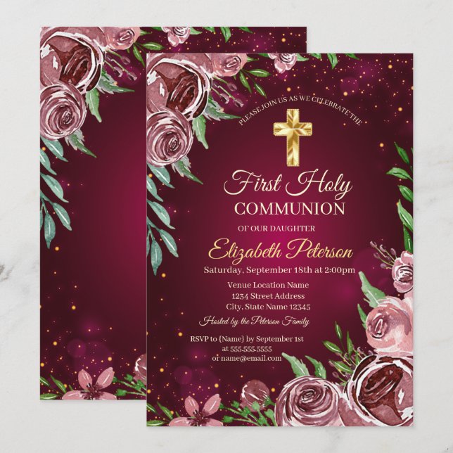 Gold Cross Burgundy Roses First Holy Communion Invitation (Front/Back)
