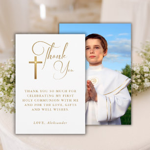 Gold Cross Calligraphy First Communion Photo Thank You Card