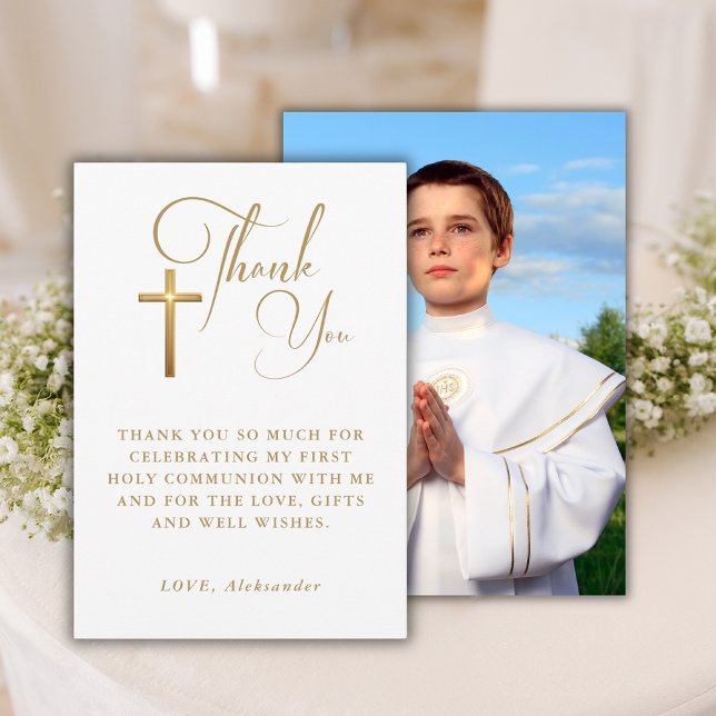 Gold Cross Calligraphy First Communion Photo Thank You Card (Creator Uploaded)