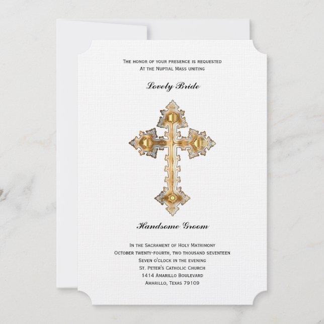 Gold Cross Catholic Wedding Invitation (Front)