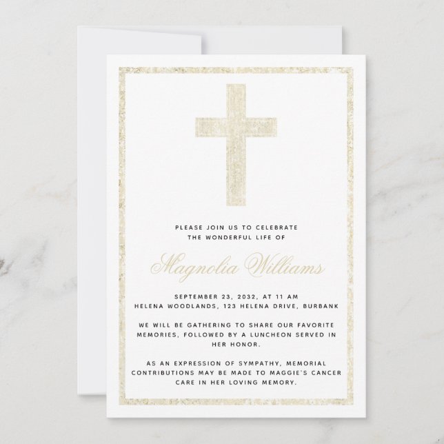 Gold Cross Celebration of Life Memorial Service Invitation (Front)