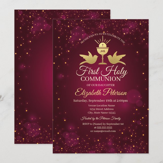 Gold Cross,Chalice Red  First Holy Communion  Invitation (Front/Back)