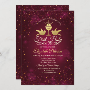 Gold Cross,Chalice Red  First Holy Communion  Invitation