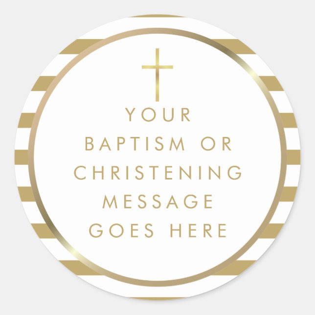 Gold Cross Chic Stripe Baptism Christening Message Classic Round Sticker (Front)