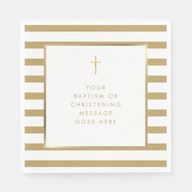 Gold Cross Chic Stripe Baptism Christening Message Napkin (Front)