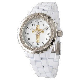 Gold Cross Custom Rhinestone White Enamel Watch