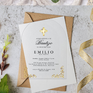 Gold Cross De Bautizo Spanish Gender Neutral White Acrylic Invitations