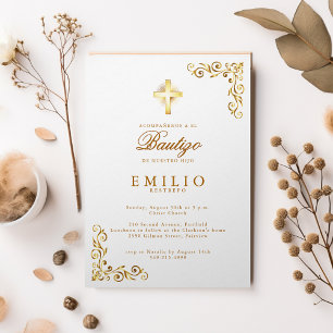 Gold Cross De Bautizo Spanish Gender Neutral White Invitation