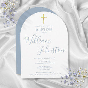 Gold Cross Dusty Blue Arch Baptism Christening Invitation
