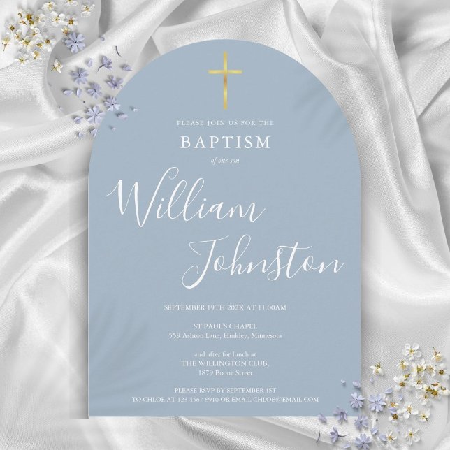 Gold Cross Dusty Blue Arch Baptism Christening  Invitation (Gold Cross Dusty Blue Arch Baptism Christening Invitation)