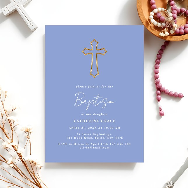 Gold Cross Dusty Blue Minimal Baptism & Christenin Invitation (Creator Uploaded)