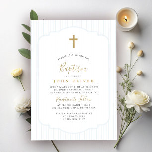Gold cross elegant blue boy baptism invitation
