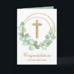 Gold Cross Eucalyptus Christening Card<br><div class="desc">A gold faux glitter cross and eucalyptus leaf wreath highlight this religious greeting card. Perfect for a girl or boy baby christening. Personalise the greeting inside or leave as is. MATCHING items available in our store.</div>