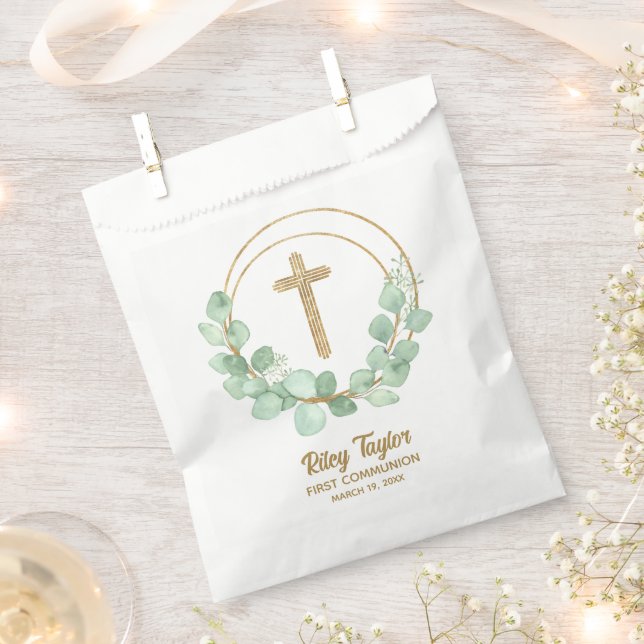 Gold Cross Eucalyptus First Communion Favour Bags (Clipped)