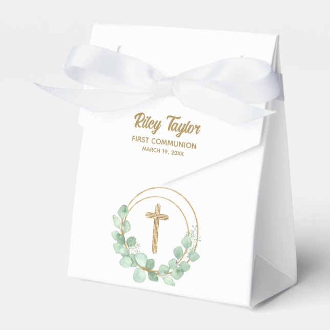 Gold Cross Eucalyptus First Communion Favour Box (Front Side)