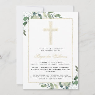 Gold Cross Eucalyptus Memorial Service Invitation