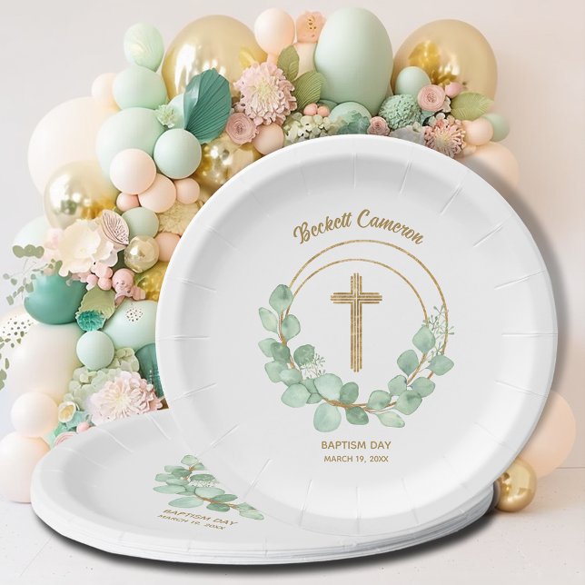 Gold Cross Eucalyptus Wreath Baptism Paper Plate (Creator Uploaded)