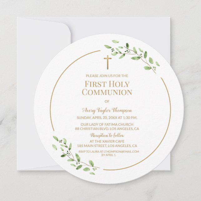 Gold Cross First Holy communion Botanical leaves Invitation (Front)