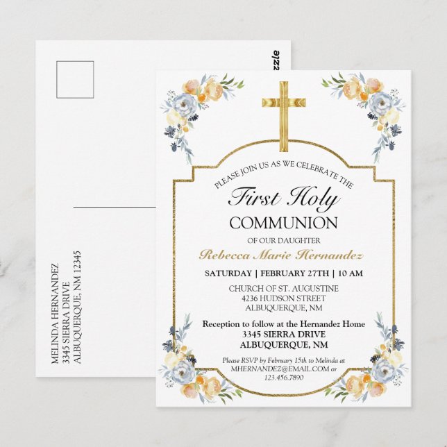 Gold Cross Floral 1st Holy Communion Invitation Postcard (Front/Back)