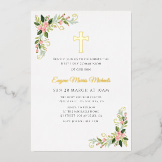 Gold cross floral first communion invitation foil