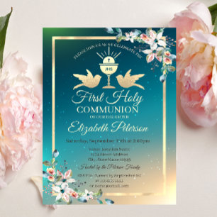 Gold Cross Floral First Holy Communion  Invitation