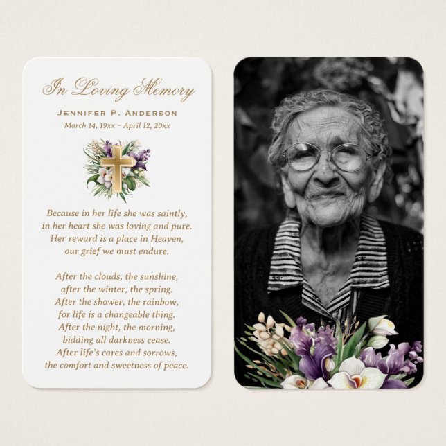 Gold Cross Floral Funeral Memorial Prayer Cards (Front & Back)