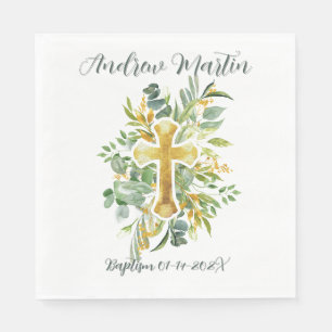 Gold Cross Floral Watercolor Baptism 1st Communion Napkin
