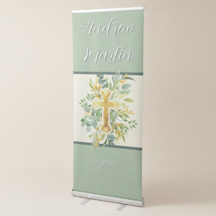 Gold Cross Floral Watercolor Baptism 1st Communion Retractable Banner