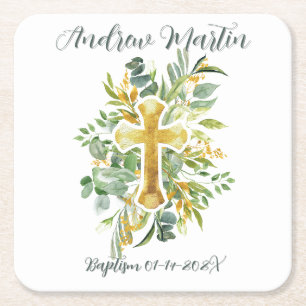 Gold Cross Floral Watercolor Baptism 1st Communion Square Paper Coaster