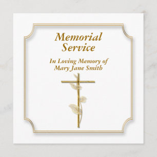 Gold cross frame on white memorial invitation