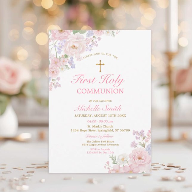 Gold Cross Girl’s Communion Elegant Watercolor  Invitation (Creator Uploaded)