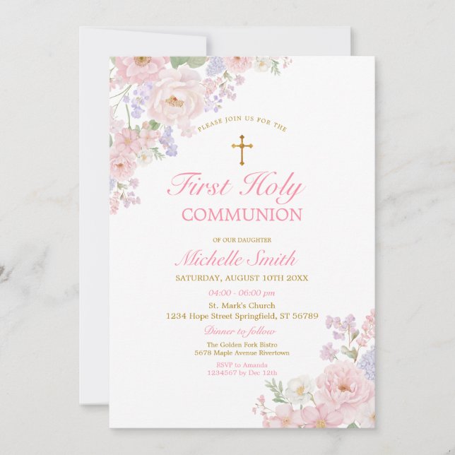Gold Cross Girl’s Communion Elegant Watercolor  Invitation (Front)