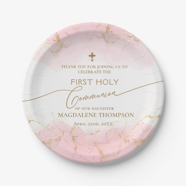 Gold Cross Girl Thank You First Holy Communion Paper Plate (Front)