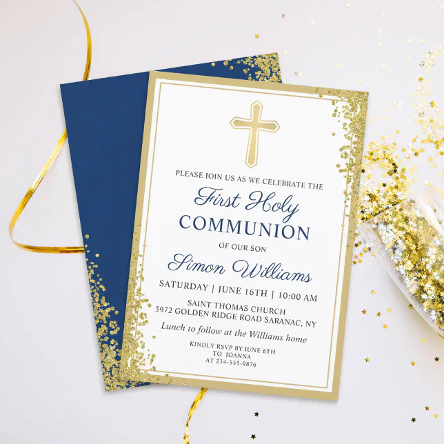 Gold Cross Glitter Navy Blue First Holy Communion Invitation | Zazzle