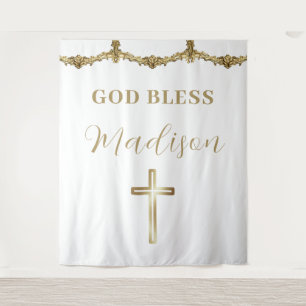 Gold Cross God Bless Baby Custom Baptism Tapestry