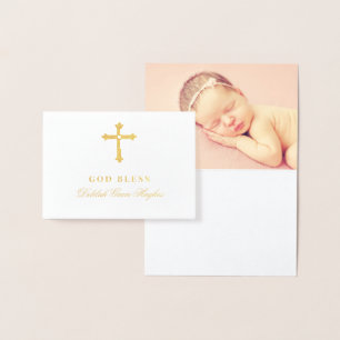 Gold Cross God Bless Baby Religious Baptism Foil Card