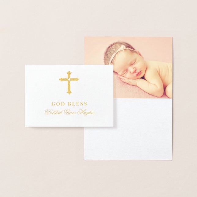 Gold Cross God Bless Baby Religious Baptism Foil Card (Display)