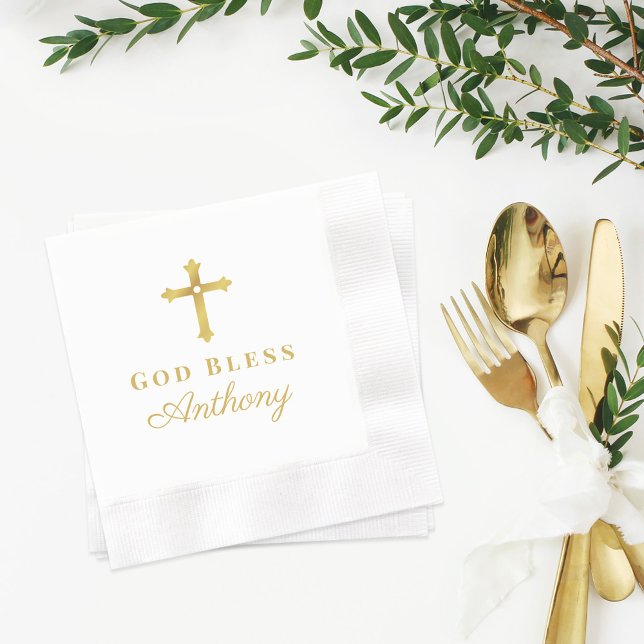 Gold Cross God Bless Baby Religious Baptism Napkin (Creator Uploaded)