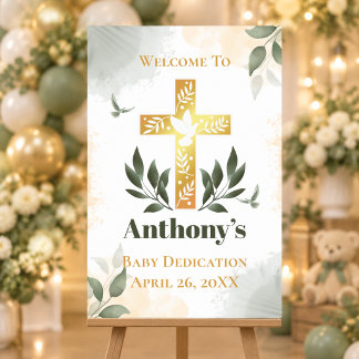 Gold Cross Green Watercolor Baby Dedication Poster